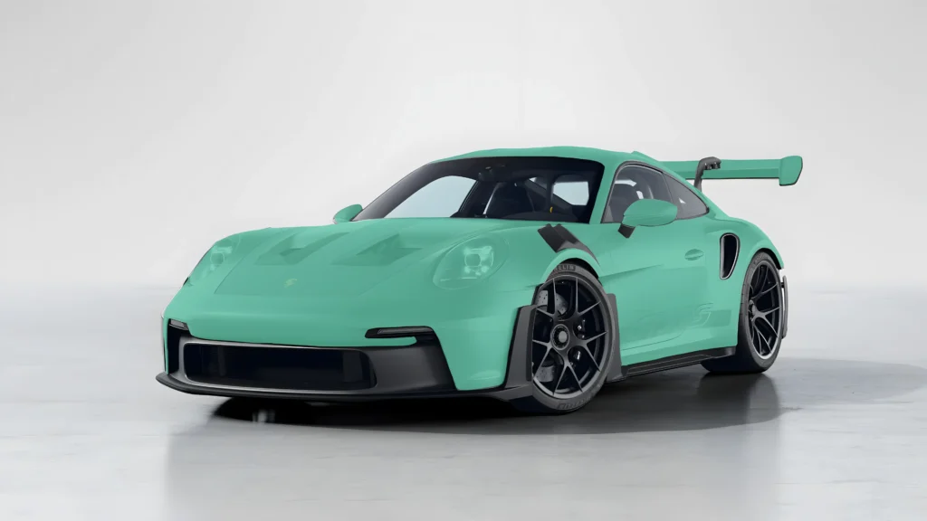 Full coverage ppf coverage illustrated with a teal overlay over a Porsche 911.