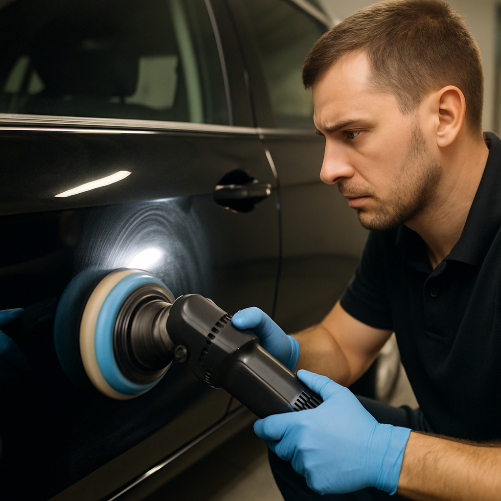Car detailer buffing car door.