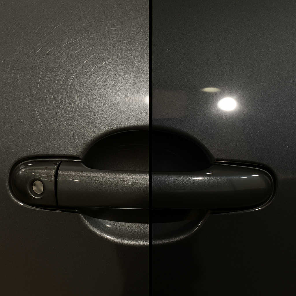 Before and after car detailing image.