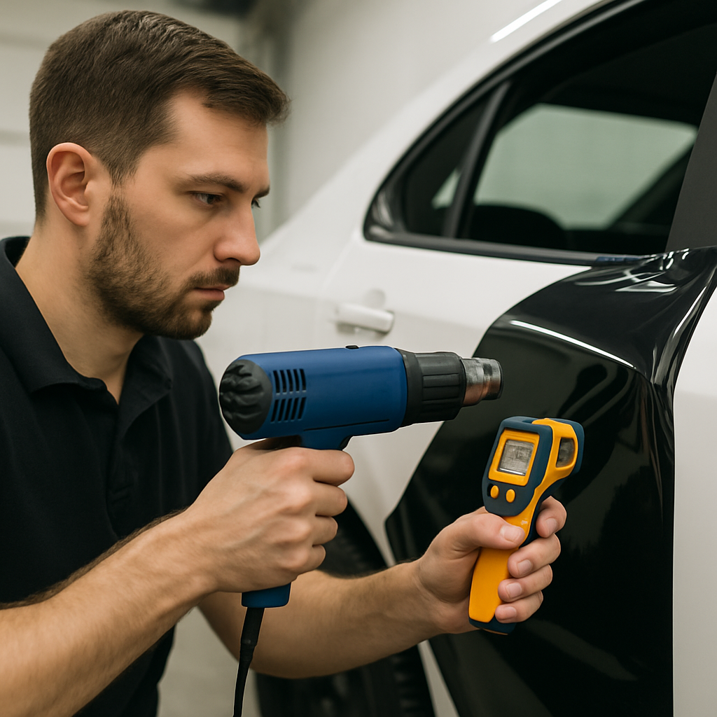 Applying vinyl wrap to car with heat gun.