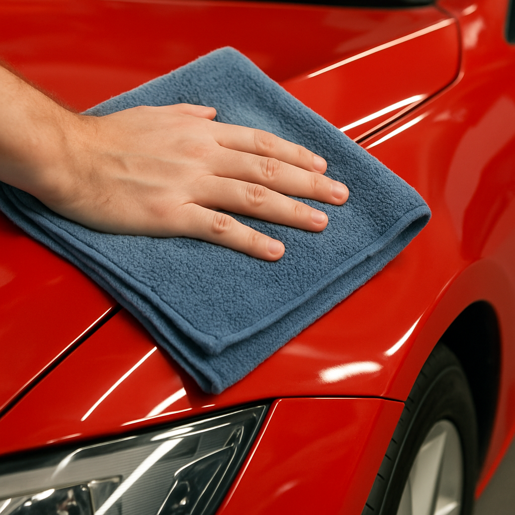 Polishing red car with microfibre cloth.