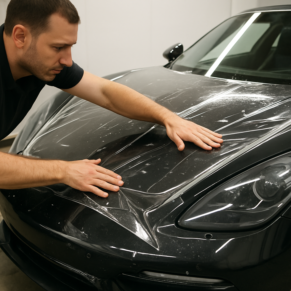 Man fitting clear PPF to car bonnet.