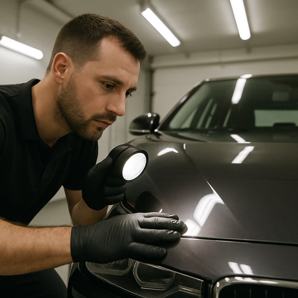 Man inspecting PPF on car bonnet for imperfections.