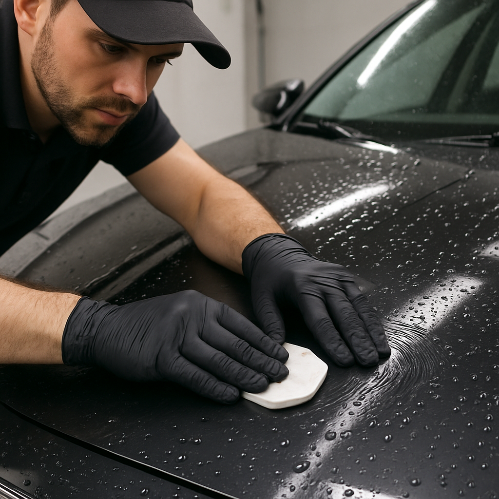 Man deep cleaning car bonnet.