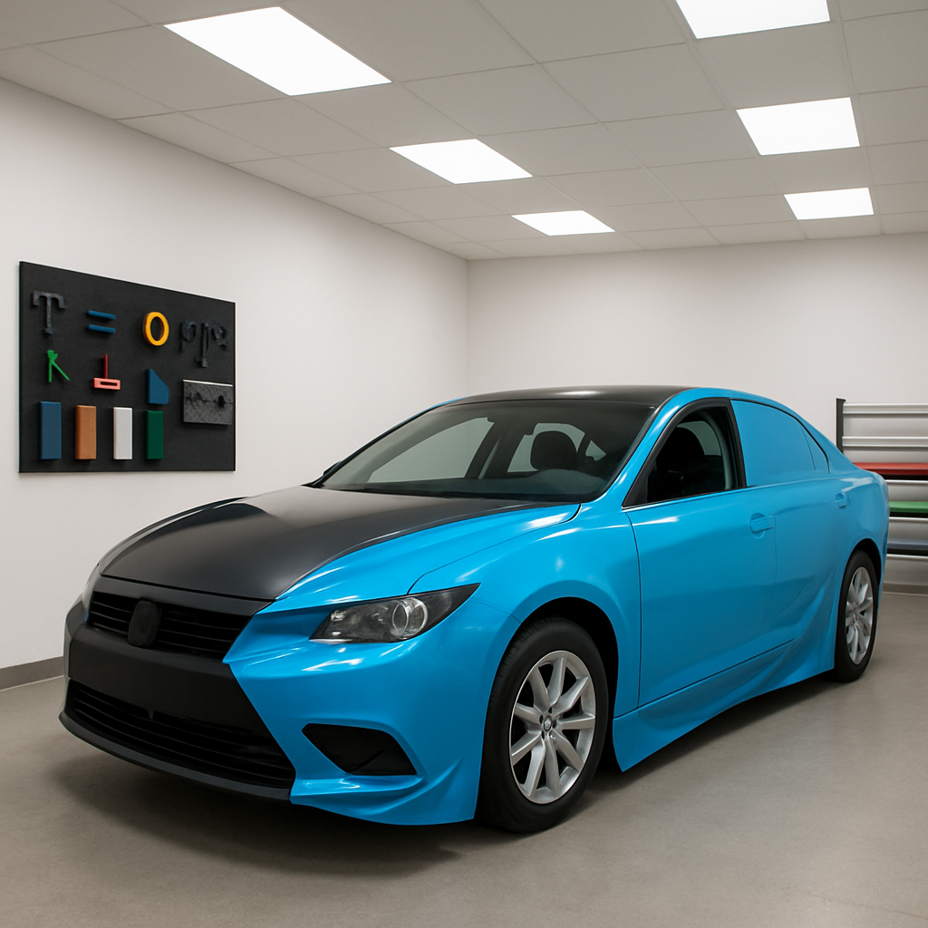 Electric blue vehicle wrap in progress.