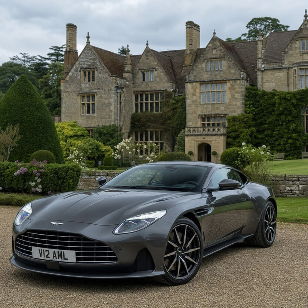 Aston Martin in front of luxury old house.
